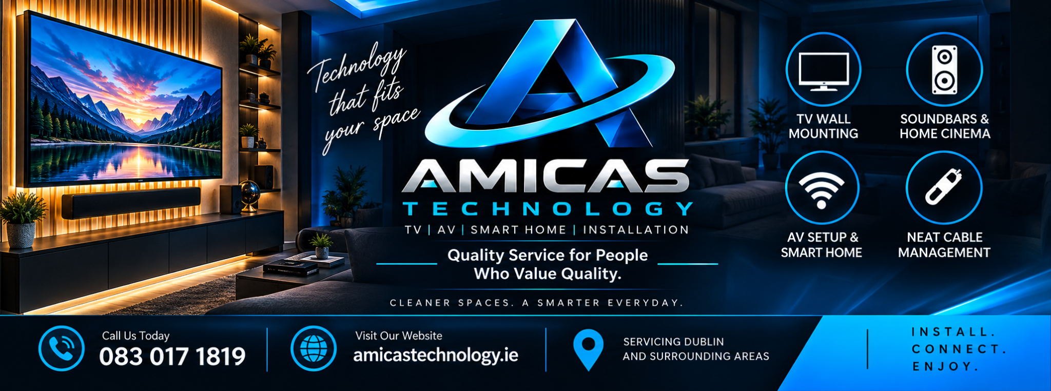 AMICAS Technology — TV wall mounting, soundbars and home cinema, AV setup and smart home, and neat cable management in Dublin and surrounding areas